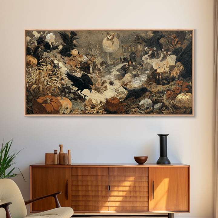 Occult Harvest Festival, Symbolist Etching Art, Wide Panoramic Art, Macabre Wall Art, Framed Canvas Print, Halloween Wall Art