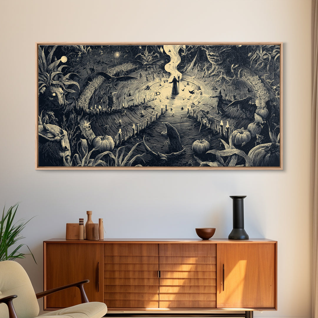Occult Harvest Festival, Expressionist Nightmare Art, Wide Panoramic Art, Dark Halloween Decor, Canvas Print, Halloween Wall Art