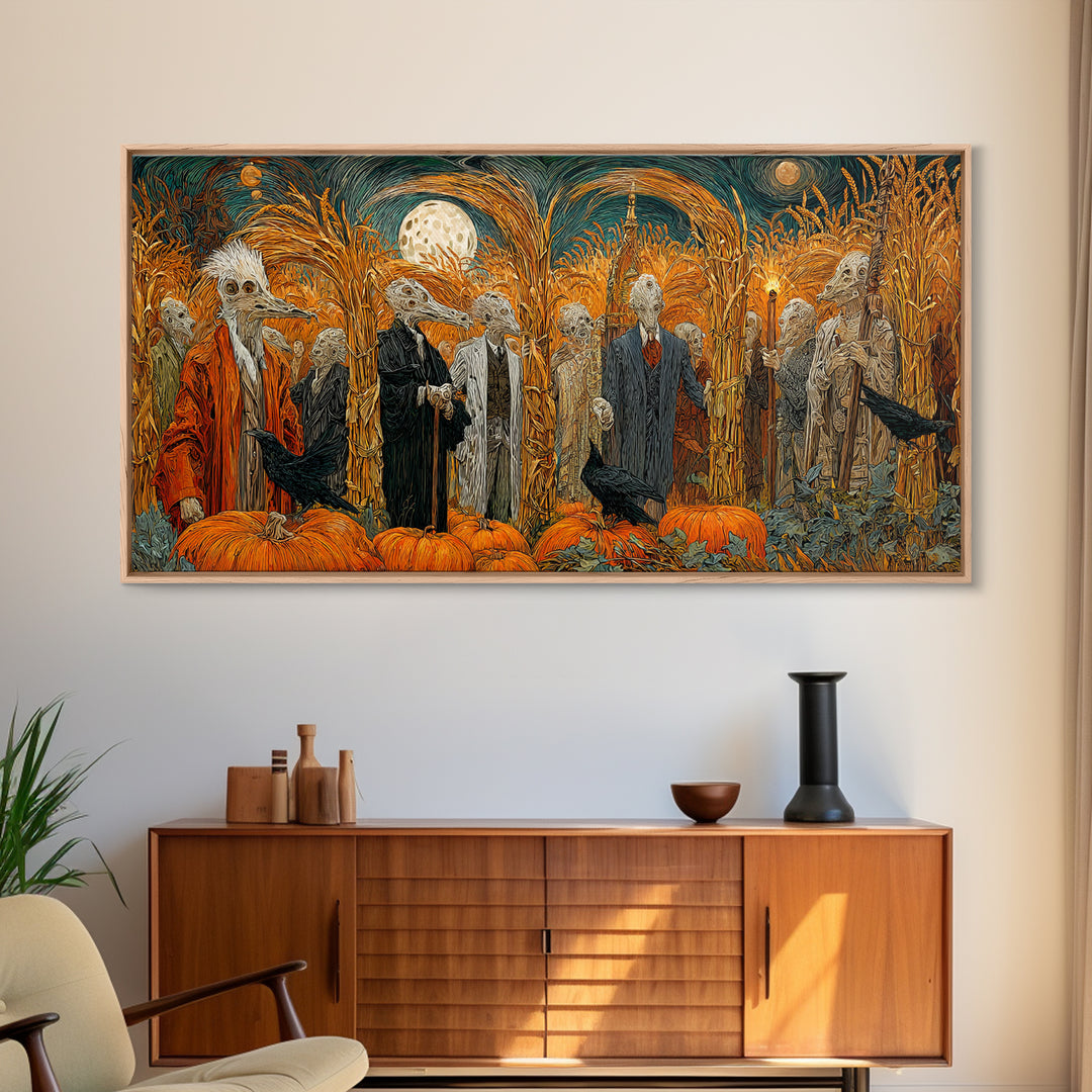Occult Harvest Festival, Expressionist Gothic Art, Wide Panoramic Art, Macabre Wall Art, Framed Canvas Print, Halloween Wall Art
