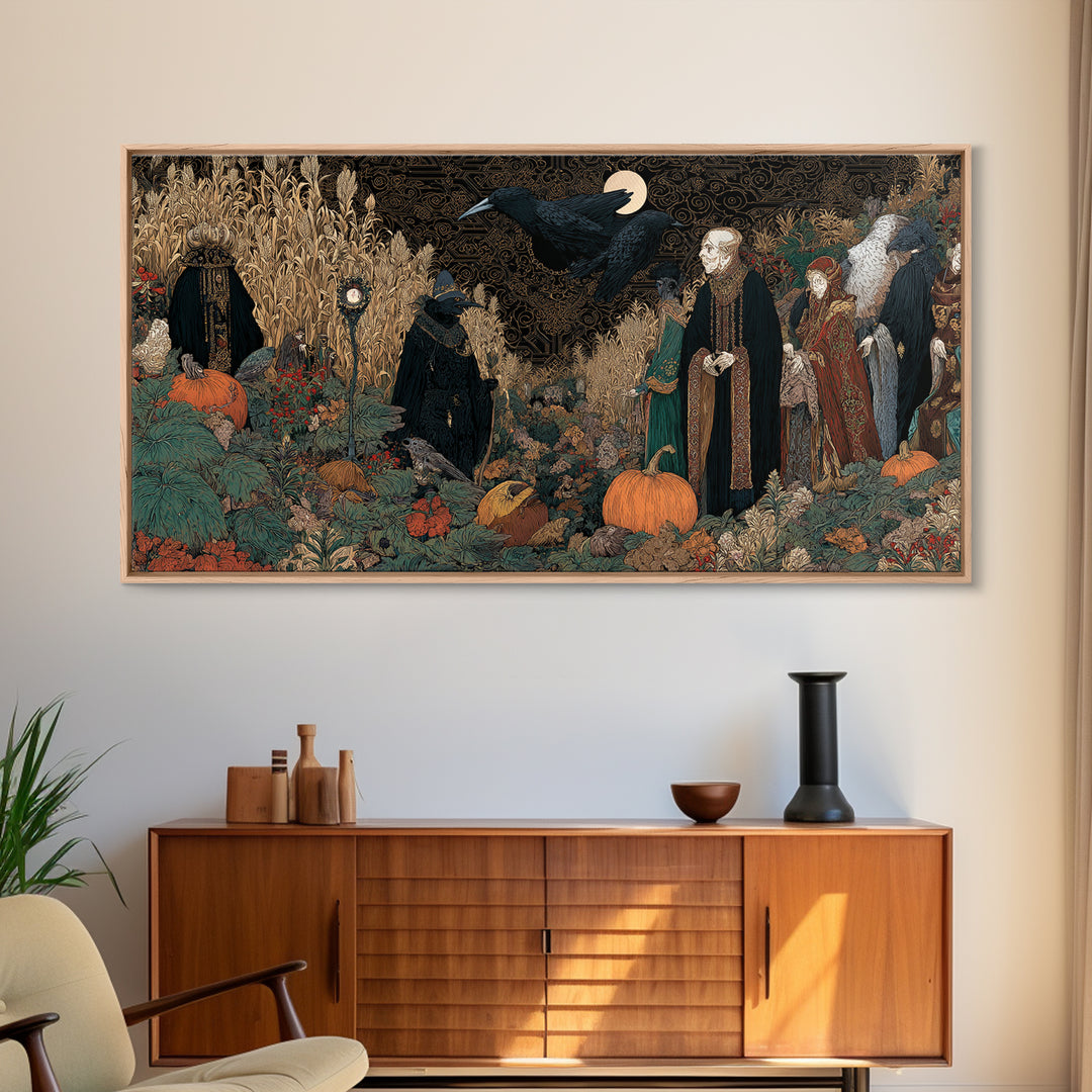 Occult Harvest Festival, Stained Glass Gothic Art, Wide Panoramic Art, Dark Fantasy Wall Art, Canvas Print, Halloween Wall Art