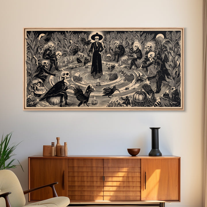 Occult Harvest Festival, Macabre Folk Print Art, Wide Panoramic Art, Macabre Wall Art, Framed Canvas Print, Halloween Wall Art