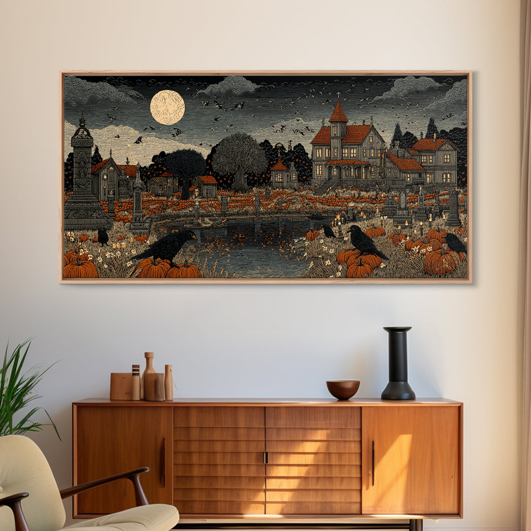 Occult Harvest Festival, Victorian Macabre Art, Wide Panoramic Art, Macabre Wall Art, Framed Canvas Print, Halloween Wall Art