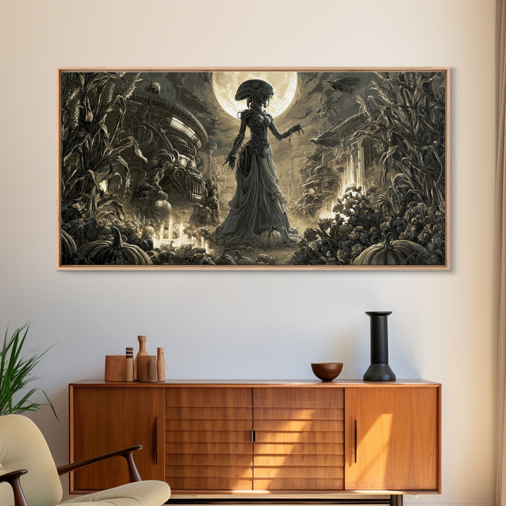 Occult Harvest Festival, Biomechanical Horror Art, Wide Panoramic Art, Gothic Horror Wall Art, Framed Canvas Print, Halloween Wall Art