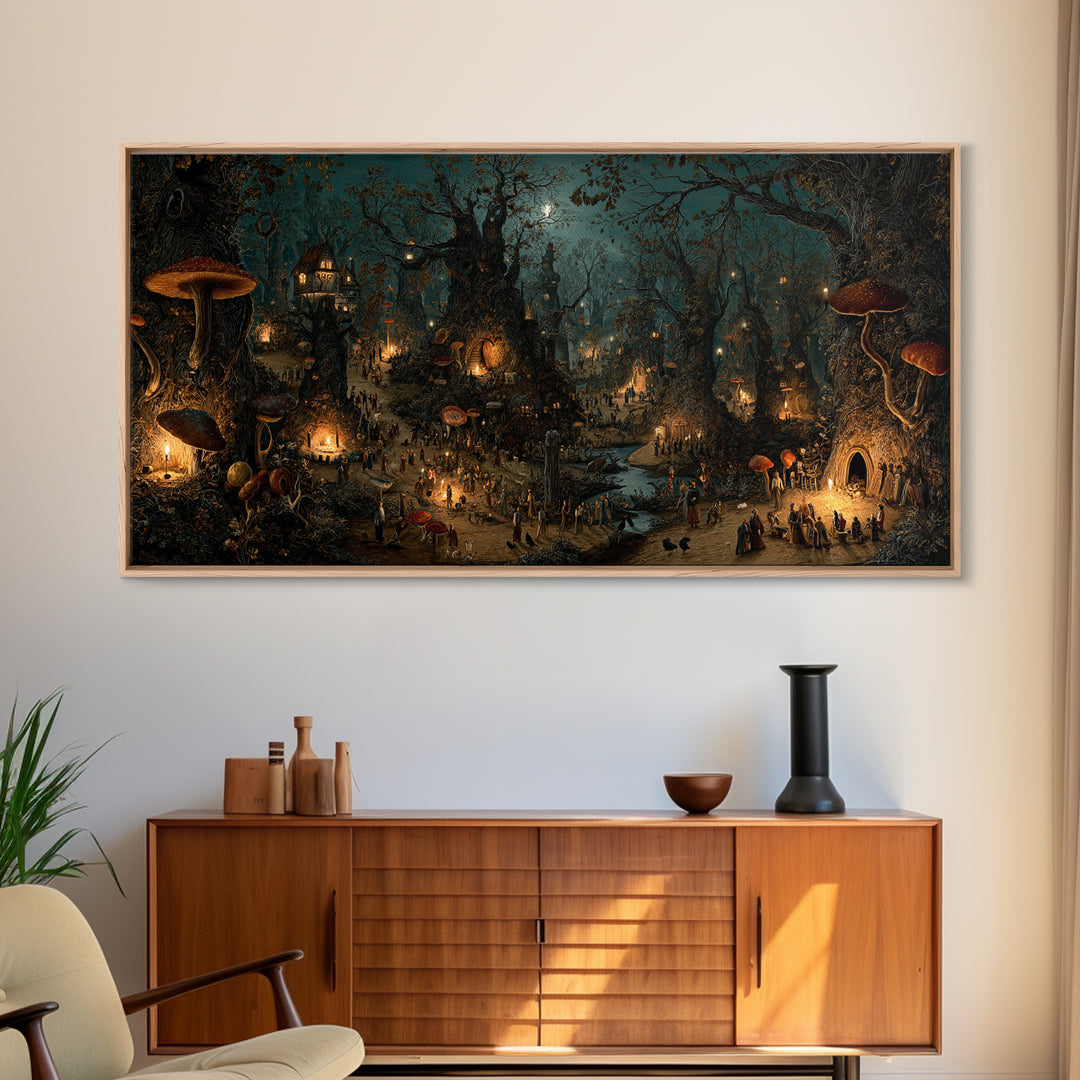 Enchanted Woodland Halloween, Northern Renaissance Horror, Wide Panoramic Art, Dark Fantasy Wall Art, Canvas Print