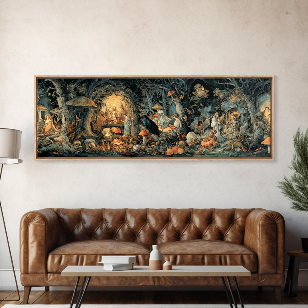 Enchanted Woodland Halloween, Dark Renaissance Art, Extra Wide Wall Art, Gothic Horror Wall Art, Canvas Print, Halloween Wall Art
