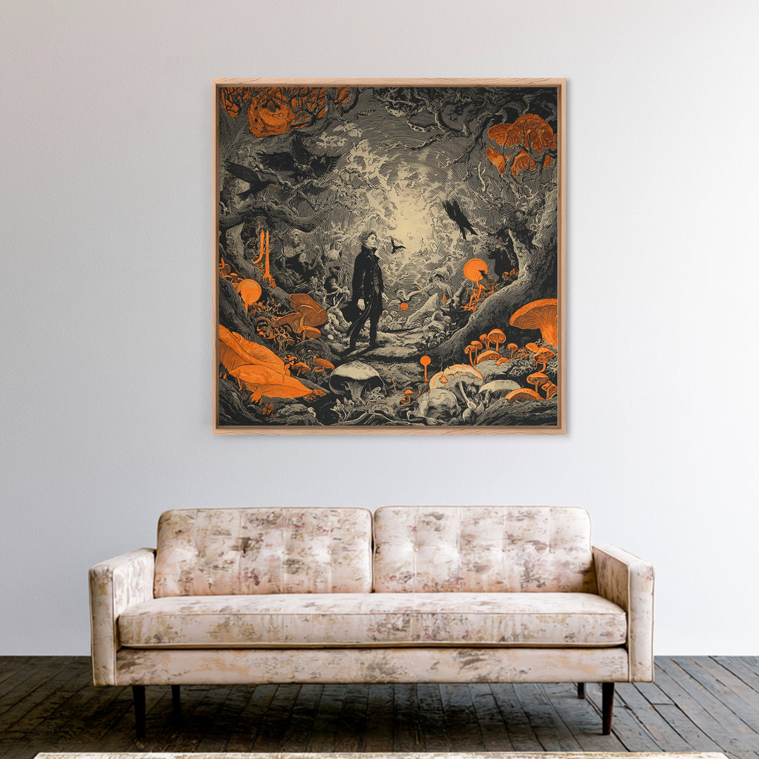 Enchanted Woodland Halloween, Symbolist Etching Art, Square Wall Art, Dark Fantasy Wall Art, Canvas Print, Halloween Wall Art