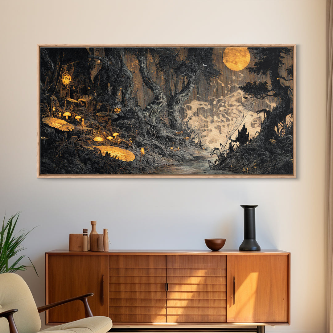 Enchanted Woodland Halloween, Expressionist Nightmare Art, Wide Panoramic Art, Dark Halloween Decor, Canvas Print, Halloween Wall Art