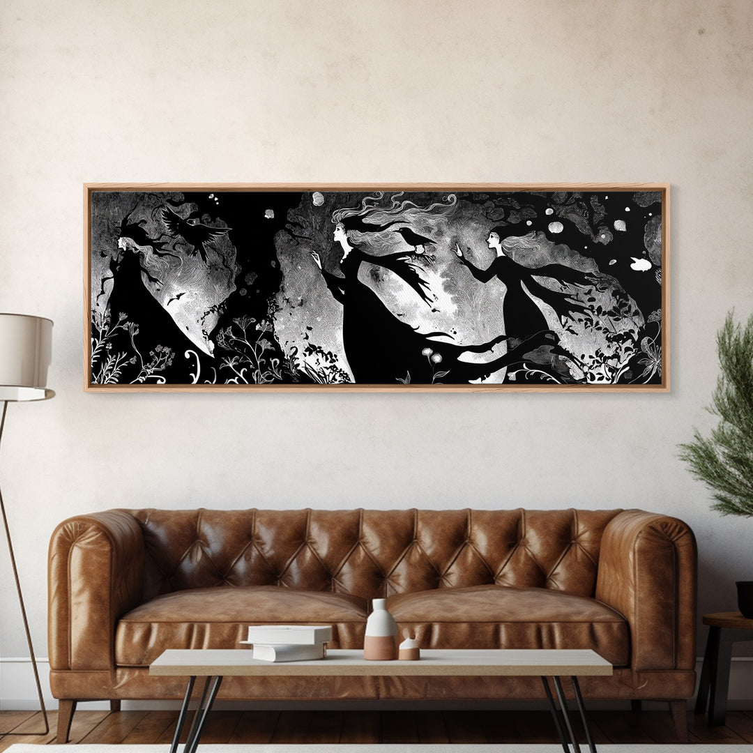 Enchanted Woodland Halloween, Decadent Line Art, Extra Wide Wall Art, Dark Halloween Decor, Canvas Print, Halloween Wall Art