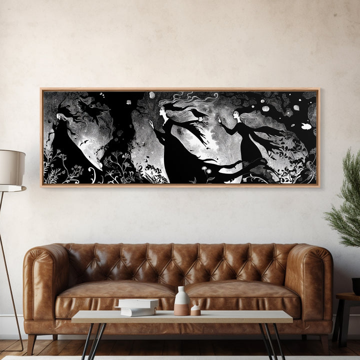Enchanted Woodland Halloween, Decadent Line Art, Extra Wide Wall Art, Dark Halloween Decor, Canvas Print, Halloween Wall Art