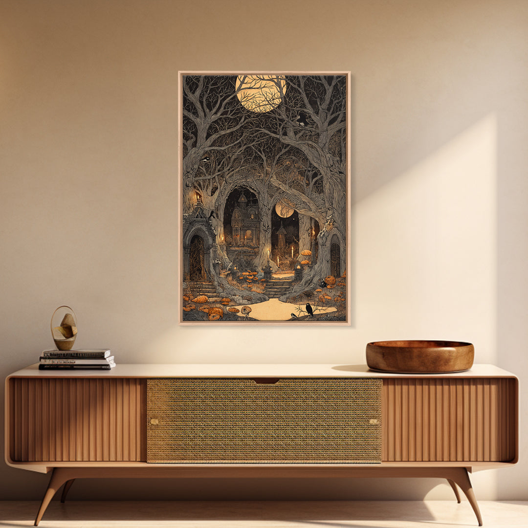 Enchanted Woodland Halloween, Victorian Macabre Art, Vertical Wall Art, Dark Fantasy Wall Art, Framed Canvas Print, Halloween Wall Art