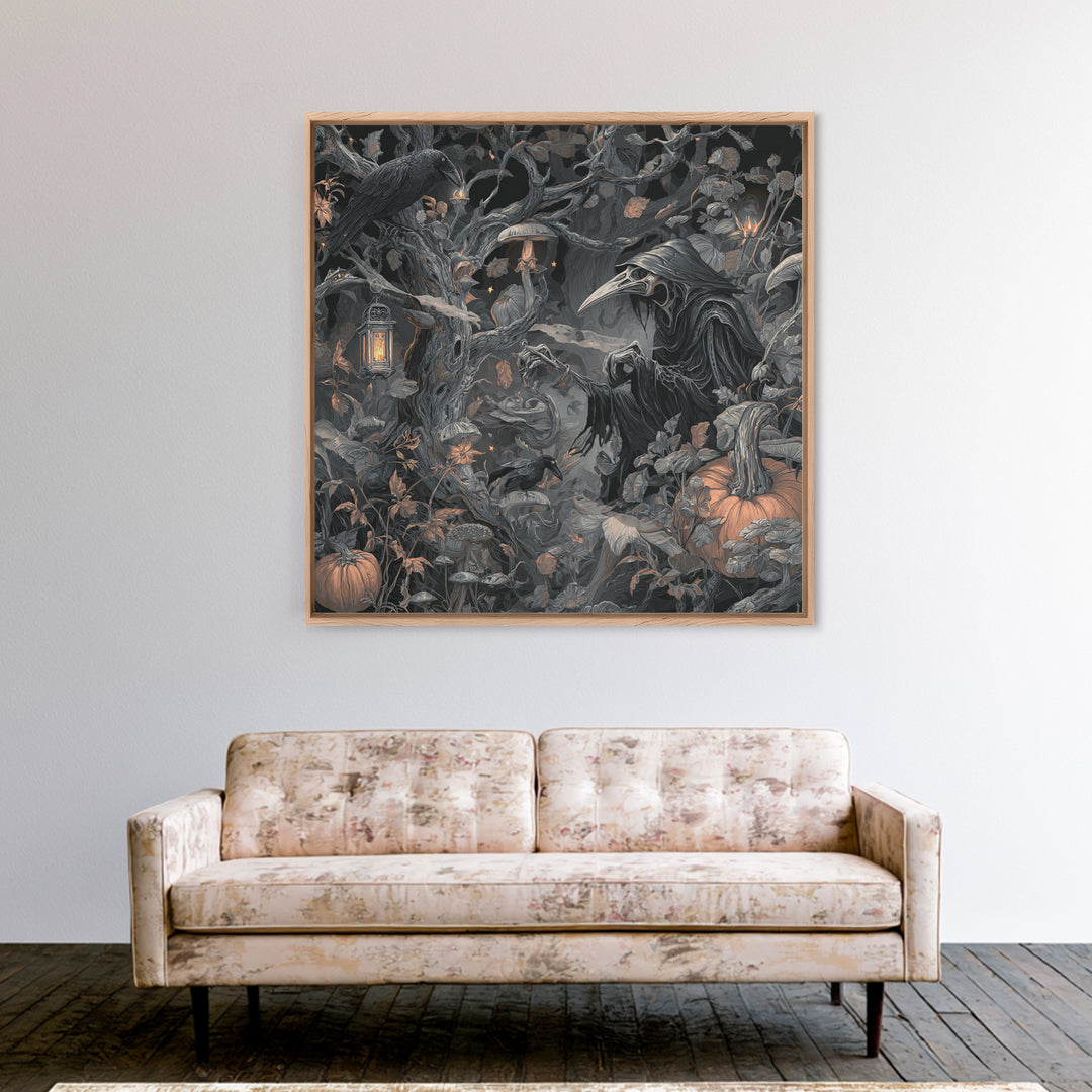 Enchanted Woodland Halloween, Biomechanical Horror Art, Square Wall Art, Dark Fantasy Wall Art, Framed Canvas Print, Halloween Wall Art