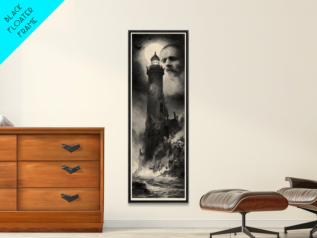 Haunted Seaside Halloween, Gothic Engraving Art, Tall Narrow Wall Art, Macabre Wall Art, Framed Canvas Print, Halloween Wall Art