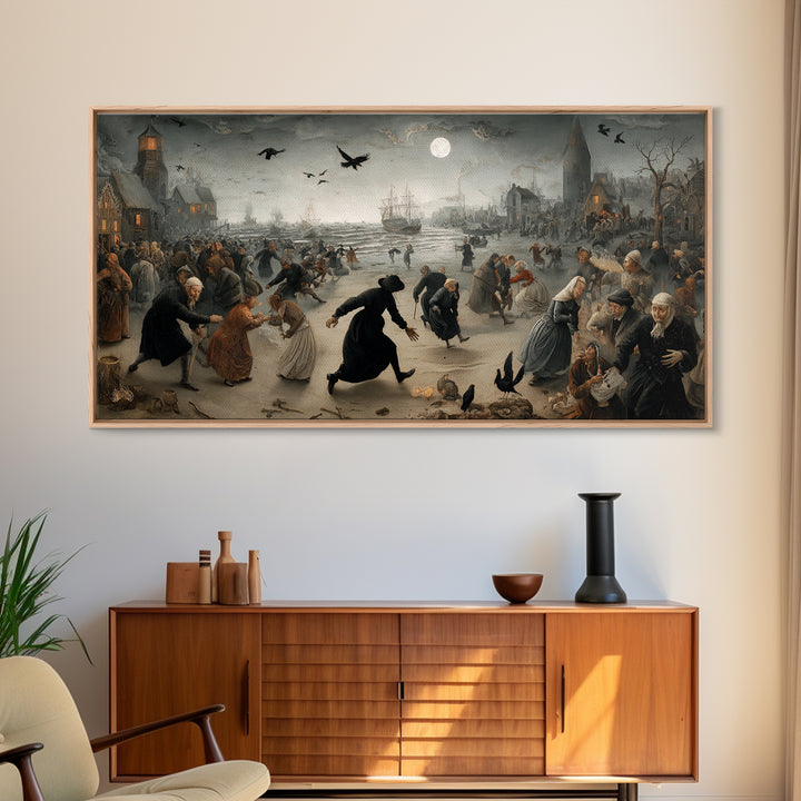 Haunted Seaside Halloween, Northern Renaissance Horror, Wide Panoramic Art, Gothic Horror Wall Art, Framed Canvas Print