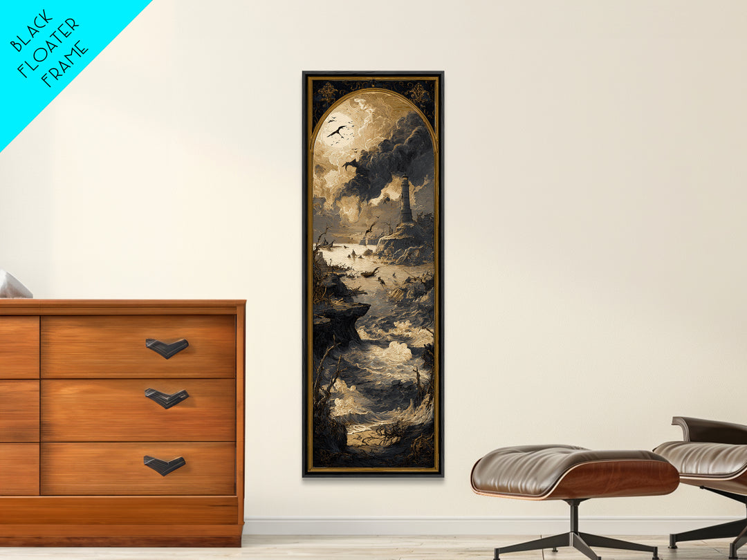 Haunted Seaside Halloween, Dark Romantic Horror Art, Tall Narrow Wall Art, Dark Halloween Decor, Framed Canvas Print, Halloween Wall Art