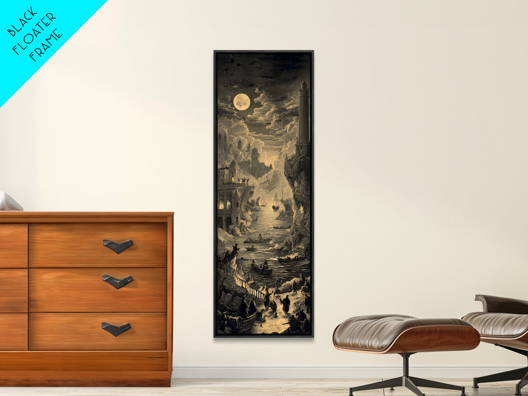 Haunted Seaside Halloween, Architectural Etching Art, Tall Narrow Wall Art, Gothic Horror Wall Art, Framed Canvas Print