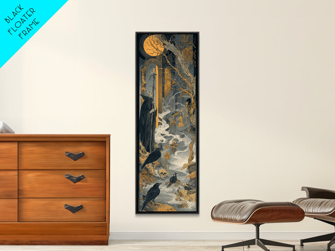 Haunted Seaside Halloween, Symbolist Etching Art, Tall Narrow Wall Art, Dark Halloween Decor, Framed Canvas Print, Halloween Wall Art