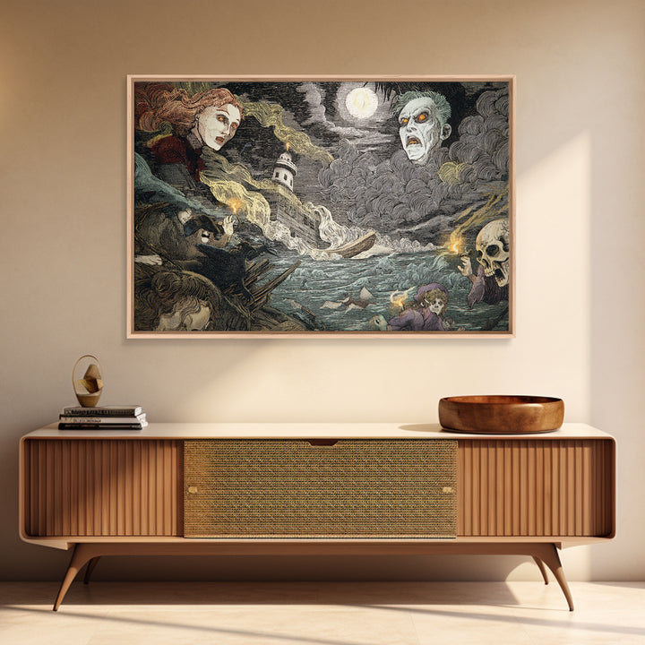 Haunted Seaside Halloween, Expressionist Gothic Art, Landscape Wall Art, Macabre Wall Art, Canvas Print, Halloween Wall Art