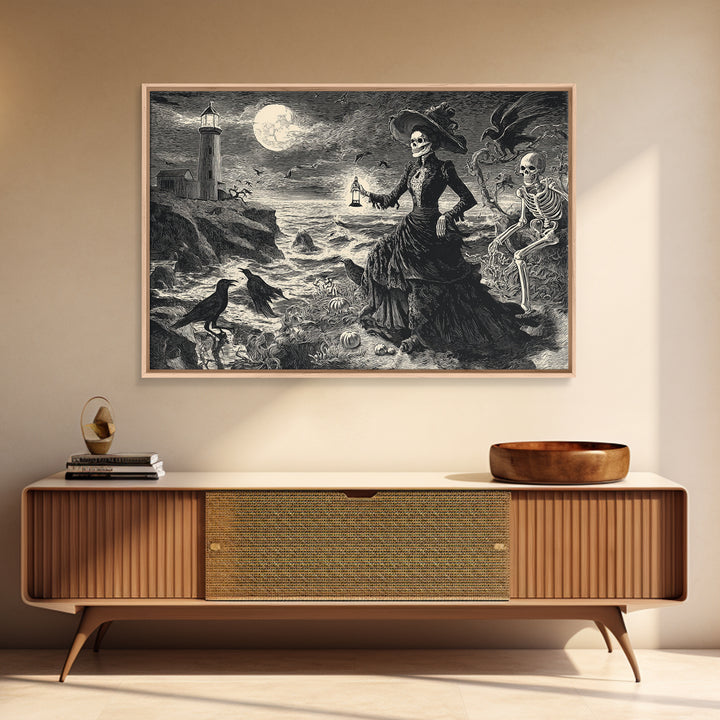 Haunted Seaside Halloween, Macabre Folk Print Art, Landscape Wall Art, Dark Halloween Decor, Framed Canvas Print