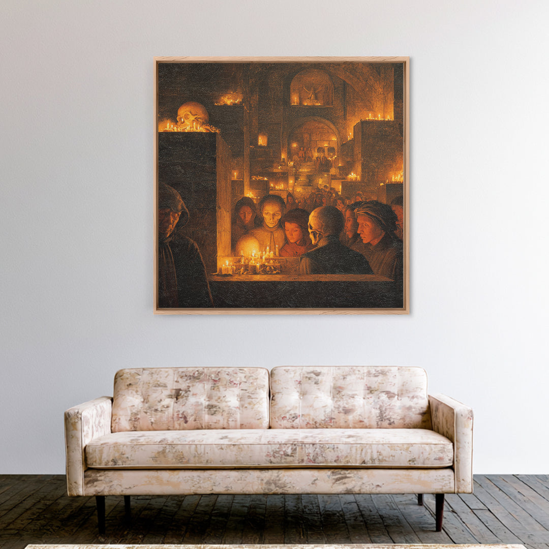 The Candlelit Crypt, Danse Macabre Art, Square Wall Art, Macabre Wall Art, Canvas Print, Halloween Wall Art