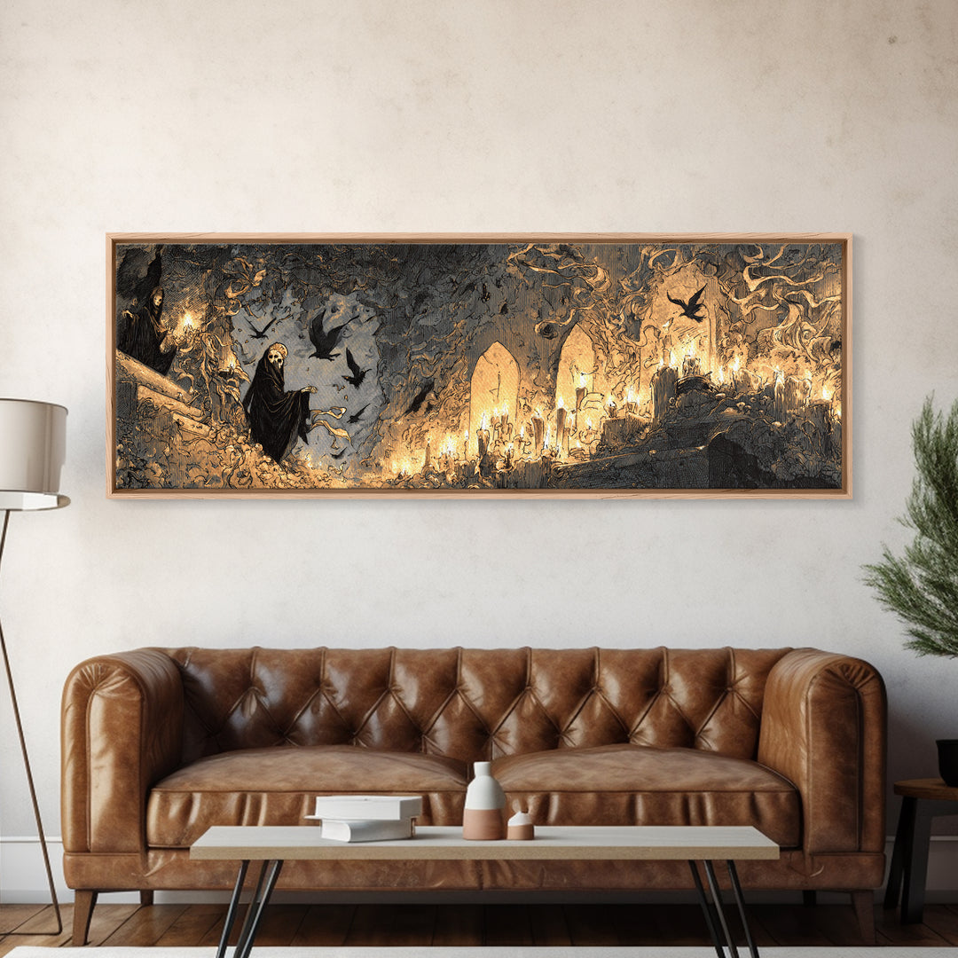 The Candlelit Crypt, Expressionist Nightmare Art, Extra Wide Wall Art, Macabre Wall Art, Framed Canvas Print, Halloween Wall Art
