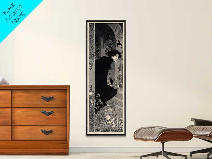 The Candlelit Crypt, Decadent Line Art, Tall Narrow Wall Art, Macabre Wall Art, Framed Canvas Print, Halloween Wall Art