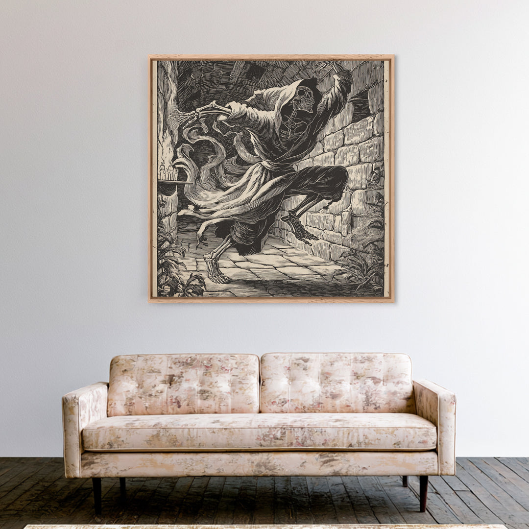 The Candlelit Crypt, Macabre Folk Print Art, Square Wall Art, Dark Fantasy Wall Art, Framed Canvas Print, Halloween Wall Art