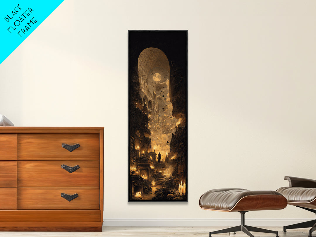 The Candlelit Crypt, Surreal Apocalyptic Art, Tall Narrow Wall Art, Dark Fantasy Wall Art, Framed Canvas Print, Halloween Wall Art