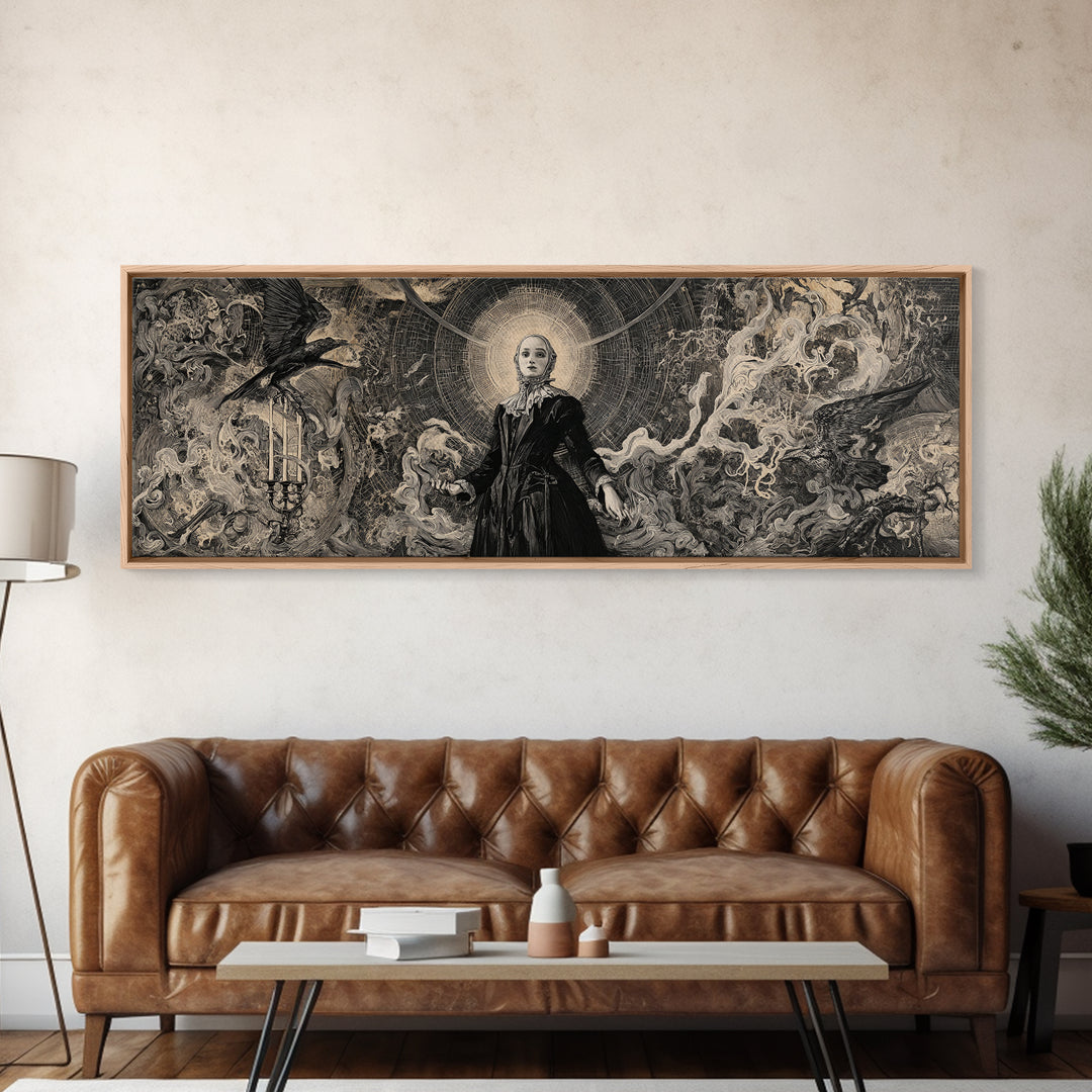 Black Lace And Cobwebs, Dark Renaissance Art, Extra Wide Wall Art, Dark Fantasy Wall Art, Framed Canvas Print, Halloween Wall Art