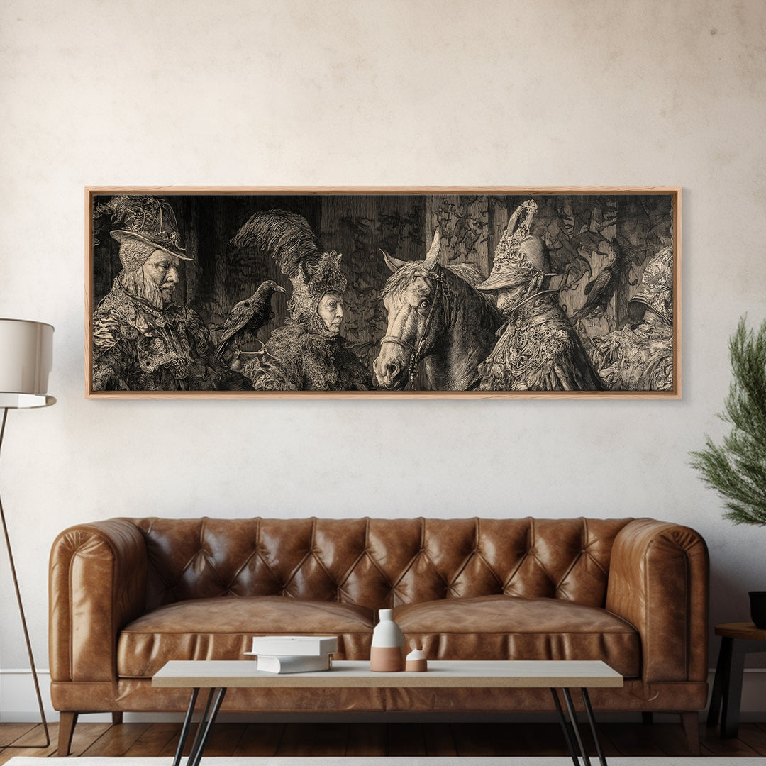 Black Lace And Cobwebs, Renaissance Engraving Art, Extra Wide Wall Art, Gothic Horror Wall Art, Framed Canvas Print, Halloween Wall Art