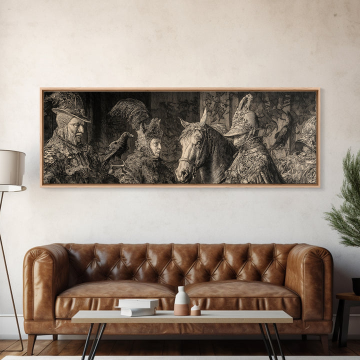 Black Lace And Cobwebs, Renaissance Engraving Art, Extra Wide Wall Art, Gothic Horror Wall Art, Framed Canvas Print, Halloween Wall Art