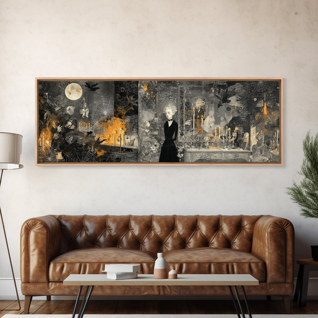 Black Lace And Cobwebs, Visionary Gothic Art, Extra Wide Wall Art, Macabre Wall Art, Framed Canvas Print, Halloween Wall Art