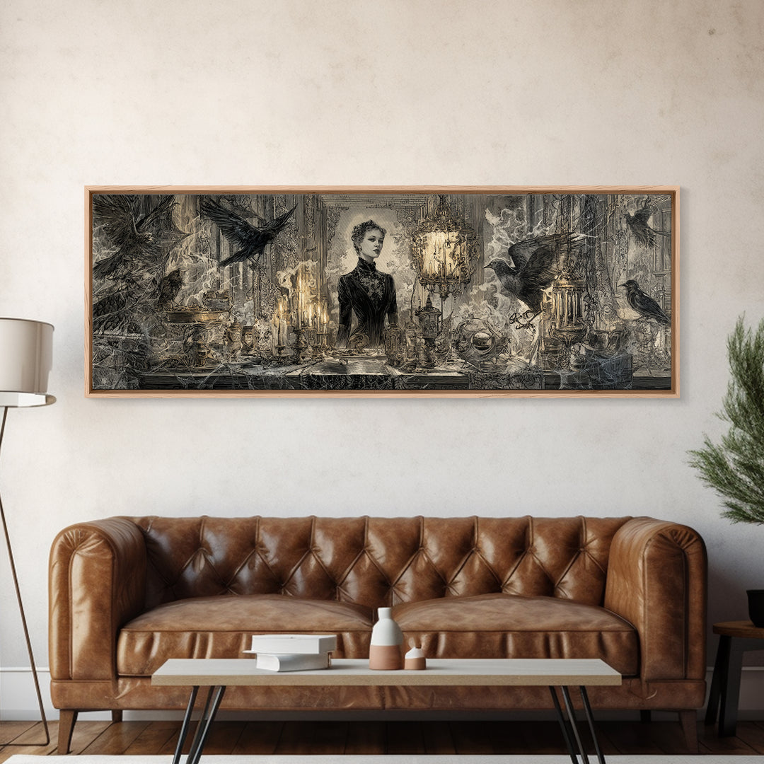 Black Lace And Cobwebs, Ornate Symbolist Art, Extra Wide Wall Art, Gothic Horror Wall Art, Canvas Print, Halloween Wall Art