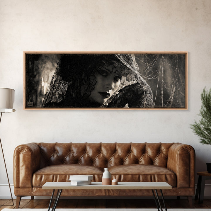 Black Lace And Cobwebs, Decadent Gothic Art, Extra Wide Wall Art, Dark Halloween Decor, Canvas Print, Halloween Wall Art