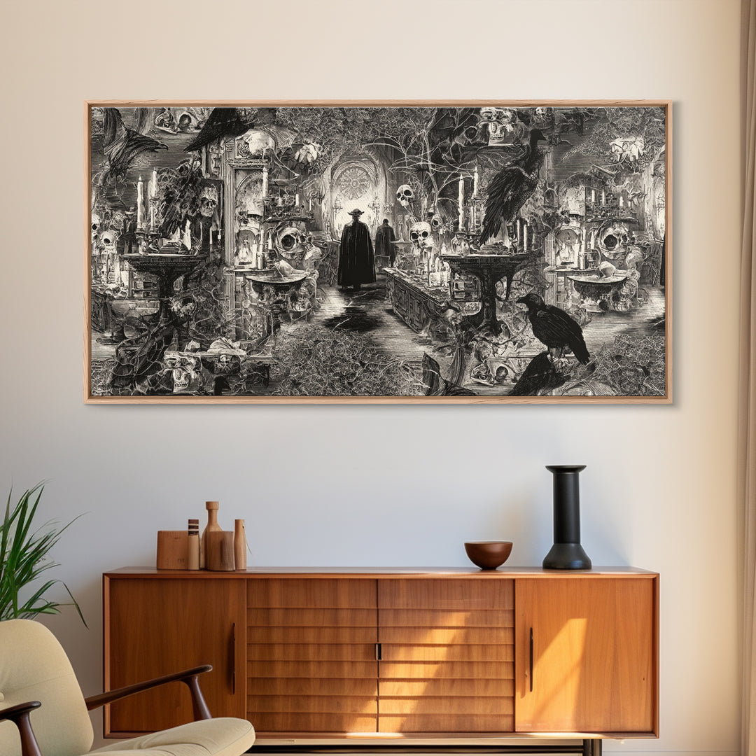 Black Lace And Cobwebs, Grotesque Carnival Art, Wide Panoramic Art, Dark Fantasy Wall Art, Framed Canvas Print, Halloween Wall Art