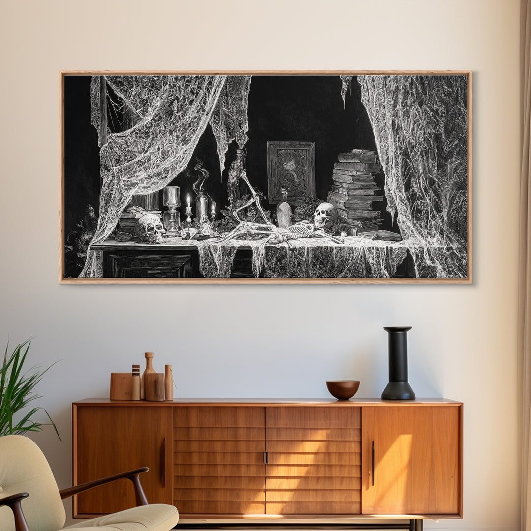 Black Lace And Cobwebs, Macabre Folk Print Art, Wide Panoramic Art, Gothic Horror Wall Art, Canvas Print, Halloween Wall Art