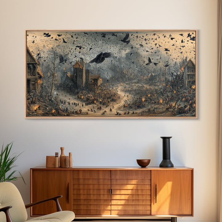 Ravens And Ruins, Northern Renaissance Horror, Wide Panoramic Art, Dark Halloween Decor, Framed Canvas Print, Halloween Wall Art