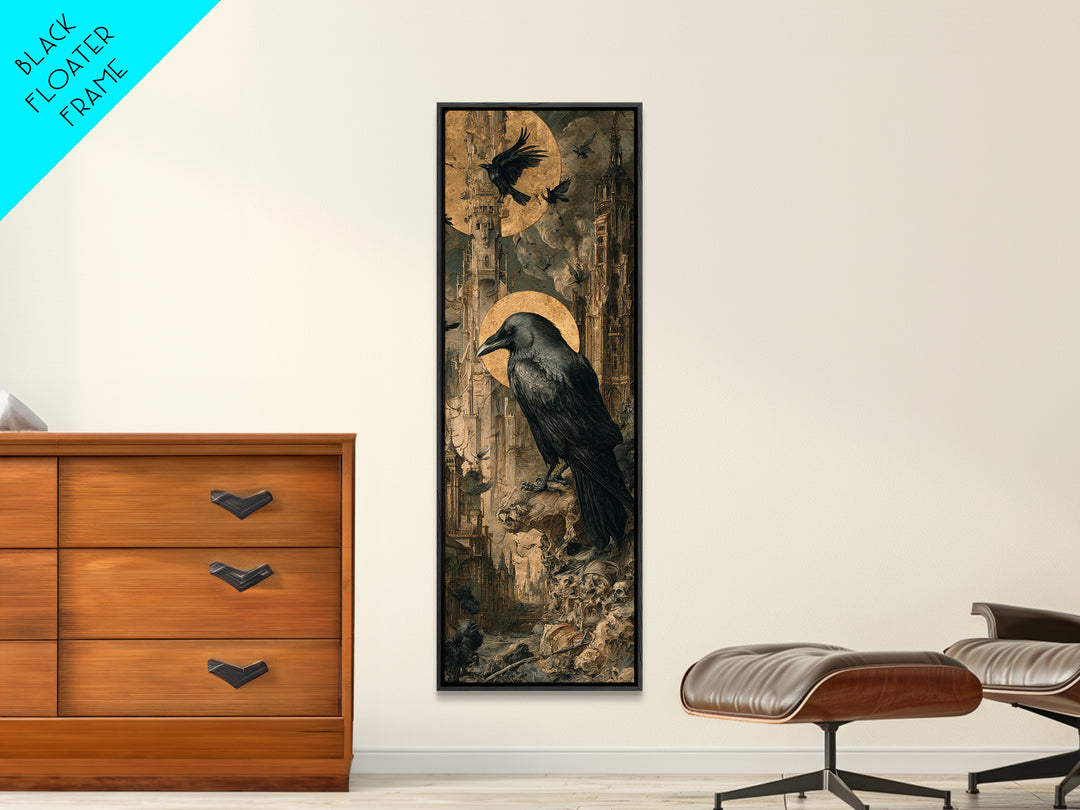 Ravens And Ruins, Dark Renaissance Art, Tall Narrow Wall Art, Gothic Horror Wall Art, Framed Canvas Print, Halloween Wall Art