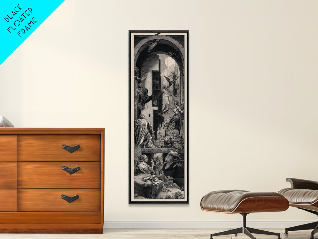 Ravens And Ruins, Renaissance Engraving Art, Tall Narrow Wall Art, Gothic Horror Wall Art, Framed Canvas Print, Halloween Wall Art