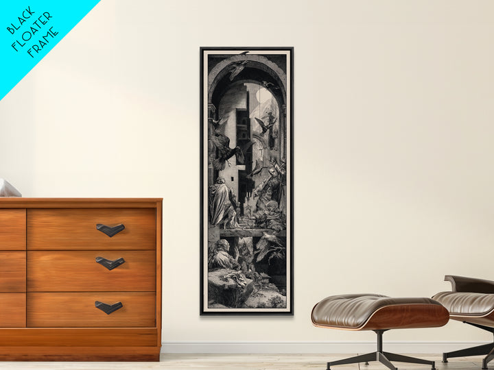 Ravens And Ruins, Renaissance Engraving Art, Tall Narrow Wall Art, Gothic Horror Wall Art, Framed Canvas Print, Halloween Wall Art