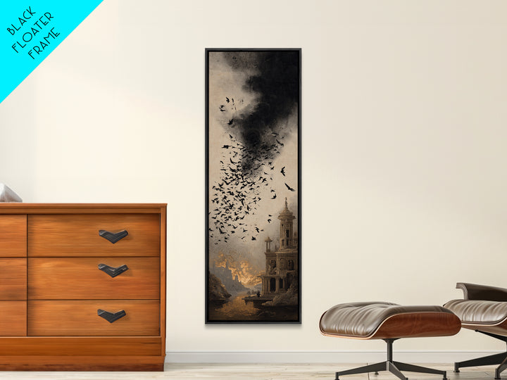 Ravens And Ruins, Apocalyptic Romantic Art, Tall Narrow Wall Art, Gothic Horror Wall Art, Framed Canvas Print, Halloween Wall Art