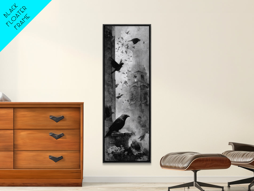 Ravens And Ruins, Symbolist Dream Art, Tall Narrow Wall Art, Dark Fantasy Wall Art, Canvas Print, Halloween Wall Art