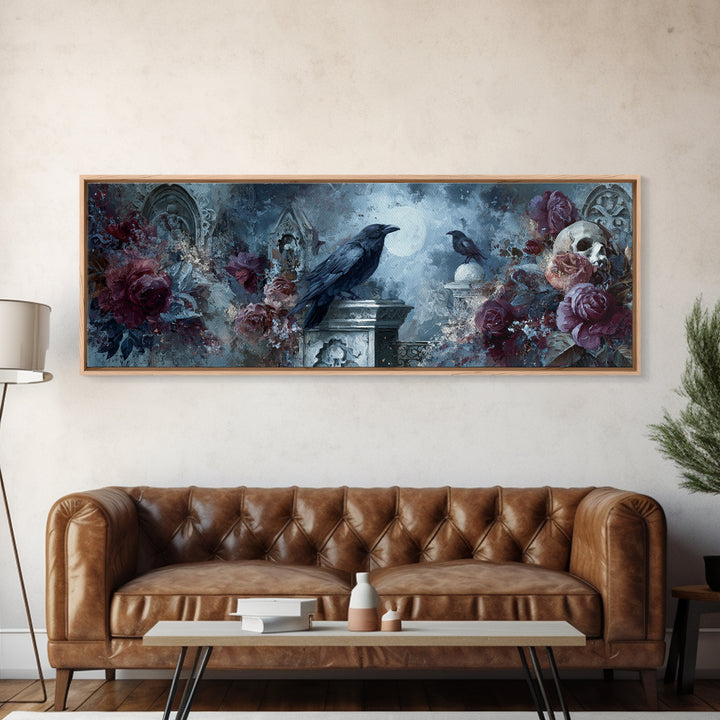 Silent Graveyard with Blue Moon Haze Framed Canvas Print, Dark Art, Print, Living Room Decor, Nocturne, Moody Wall Art, DAR-3x1-10