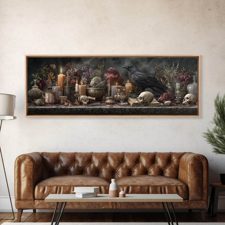 Witchy Still Life of Herbs Candles and Canvas Print, Dark Art, Fantasy Art, Living Room Decor, Fine Art, Nocturne, DAR-3x1-24