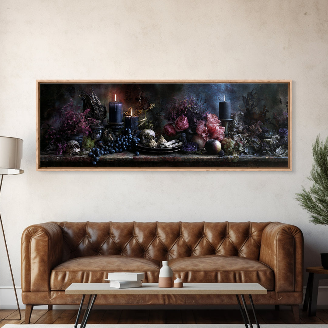 Witchy Still Life of Herbs Candles and Canvas Print, Dark Art, Textured Painting, Living Room Decor, Fine Art, Nocturne, DAR-3x1-48