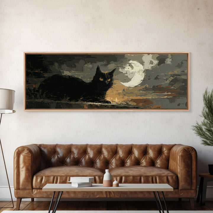 Black Cat with Glowing Eyes under Crescent Canvas Print, Dark Art, Halloween Decoration, Living Room Decor, Abstract Art, DAR-3x1-49