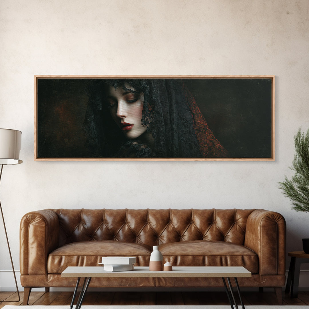 Vampire Inspired Portrait with Pale Dramatic Light Framed Canvas Print, Dark Art, Goth Decor, Living Room Decor, Nocturne, DAR-3x1-5