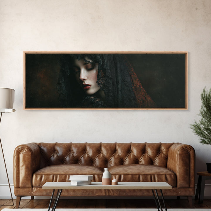 Vampire Inspired Portrait with Pale Dramatic Light Framed Canvas Print, Dark Art, Goth Decor, Living Room Decor, Nocturne, DAR-3x1-5