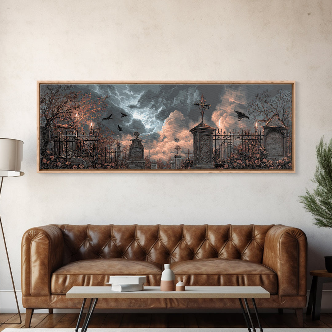 Silent Graveyard with Blue Moon Haze Framed Canvas Print, Dark Art, Gothic Wall Art, Living Room Decor, Fine Art, Nocturne, DAR-3x1-58