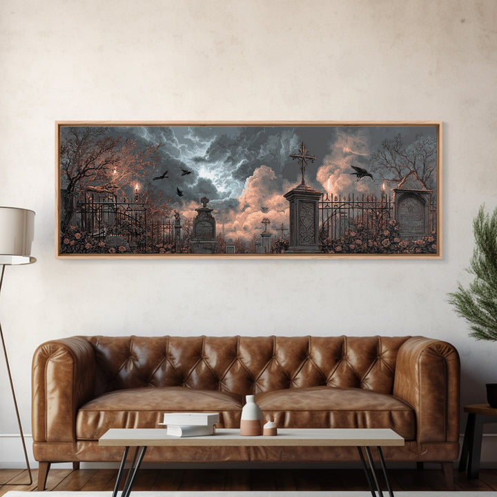Silent Graveyard with Blue Moon Haze Framed Canvas Print, Dark Art, Gothic Wall Art, Living Room Decor, Fine Art, Nocturne, DAR-3x1-58