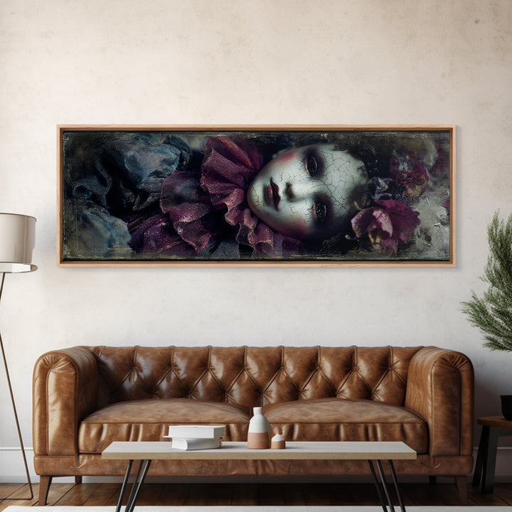 Cracked Porcelain Doll Portrait Framed Canvas Print, Dark Art, Contemporary Art, Living Room Decor, Fine Art, Nocturne, DAR-3x1-63